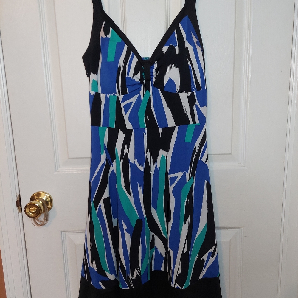 Joei & I Blue Black Geometric Abstract Print Midi Length Sundress Size Medium